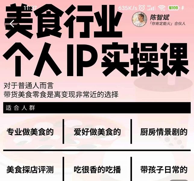 美食行业个人IP实操课，对于普通人而言，带货美食零食是离变现非常近的选择-布丁源码-专业的网站源码代码分享平台!