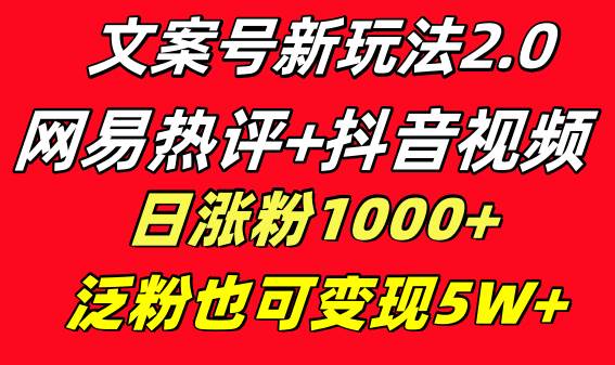 文案号新玩法 网易热评+抖音文案 一天涨粉1000+ 多种变现模式 泛粉也可变现-布丁源码-专业的网站源码代码分享平台!