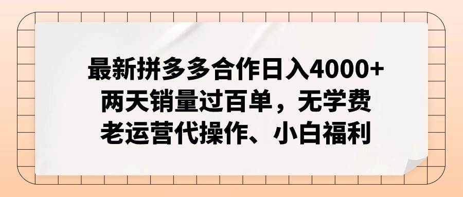 最新拼多多合作日入4000+两天销量过百单，无学费、老运营代操作、小白福利-布丁源码-专业的网站源码代码分享平台!