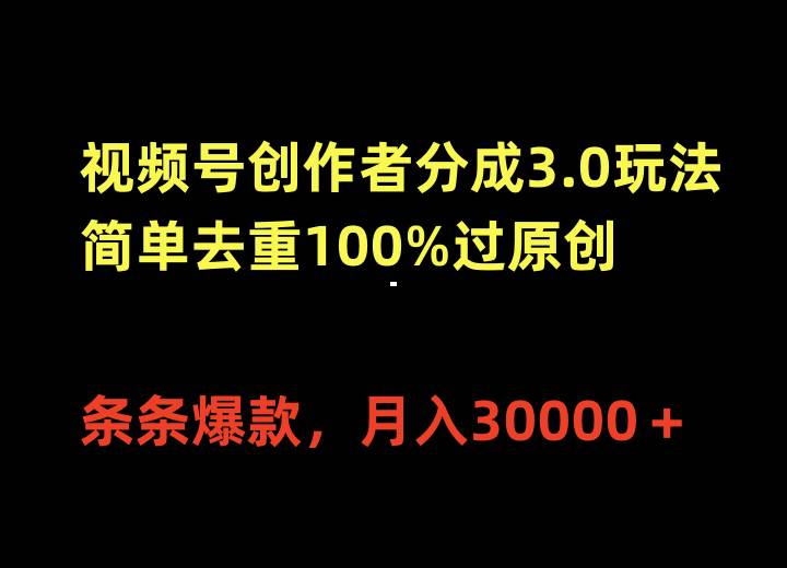 视频号创作者分成3.0玩法，简单去重100%过原创，条条爆款，月入30000＋-布丁源码-专业的网站源码代码分享平台!